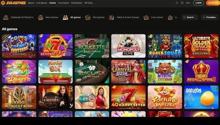 Captura del sitio web de ZuluSpins Casino